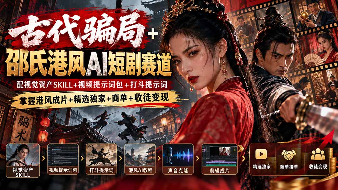 古代骗局+邵氏港风AI短剧赛道：配视觉资产SKILL+视频提示词包+打斗提示词，掌握港风成片+精选独家+商单+收徒变现-娜娜项目网