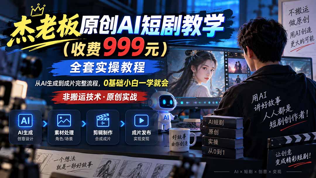 杰老板原创AI短剧教学（收费999元），全套实操教程，0基础小白一学就会，非搬运技术-娜娜项目网
