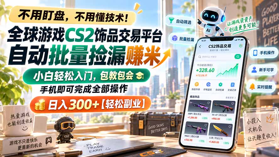全球游戏CS2饰品交易平台自动批量捡漏赚米，小白轻松入门，包教包会，手机即可完成全部操作，日入300+【轻松副业】-娜娜项目网