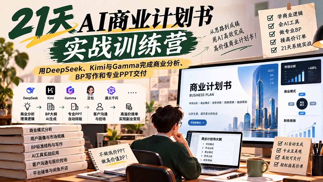 【无水印】21天AI商业计划书实战训练营:用DeepSeek、Kimi与Gamma完成商业分析、BP写作和专业PPT交付-娜娜项目网