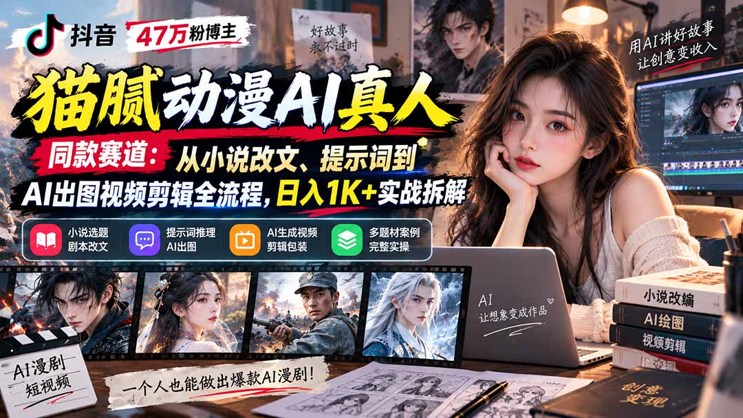 抖音47万粉博主猫腻动漫AI真人同款赛道:从小说改文、提示词到AI出图视频剪辑全流程,日入1K+实战拆解-娜娜项目网
