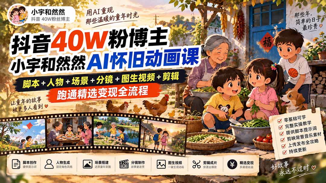 抖音40W粉博主小宇和然然AI怀旧动画课｜脚本+人物+场景+分镜+图生视频+剪辑，跑通精选变现全流程-娜娜项目网