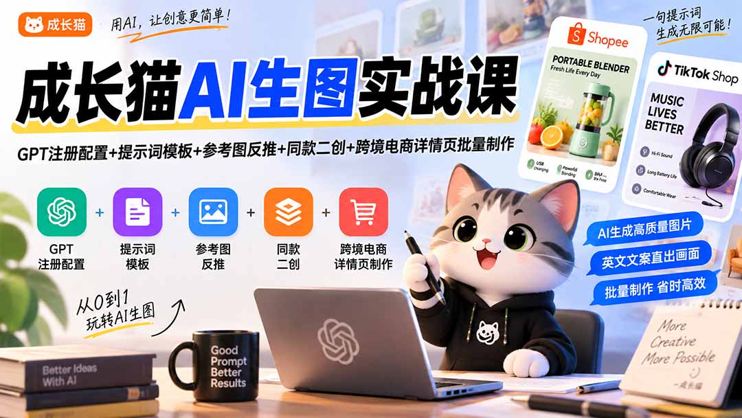 成长猫AI生图实战课|GPT注册配置+提示词模板+参考图反推+同款二创+跨境电商详情页批量制作-娜娜项目网