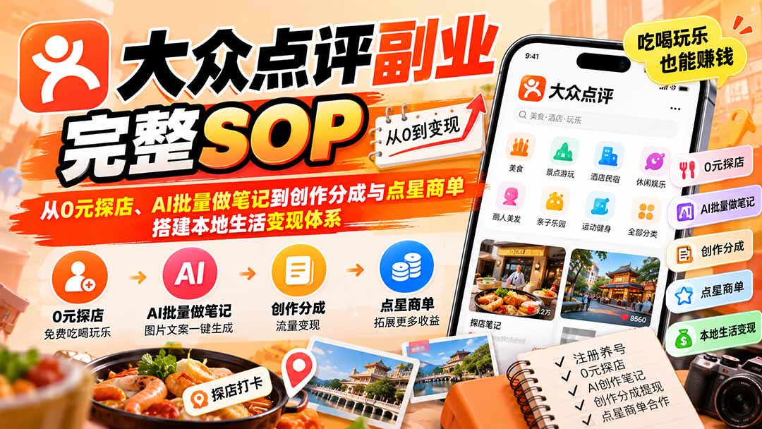 【无水印】大众点评副业完整SOP:从0元探店、AI批量做笔记到创作分成与点星商单,搭建本地生活变现体系-娜娜项目网
