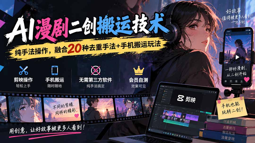 AI漫剧二创搬运技术，纯手法操作，融合20种去重手法++手机搬运玩法-娜娜项目网