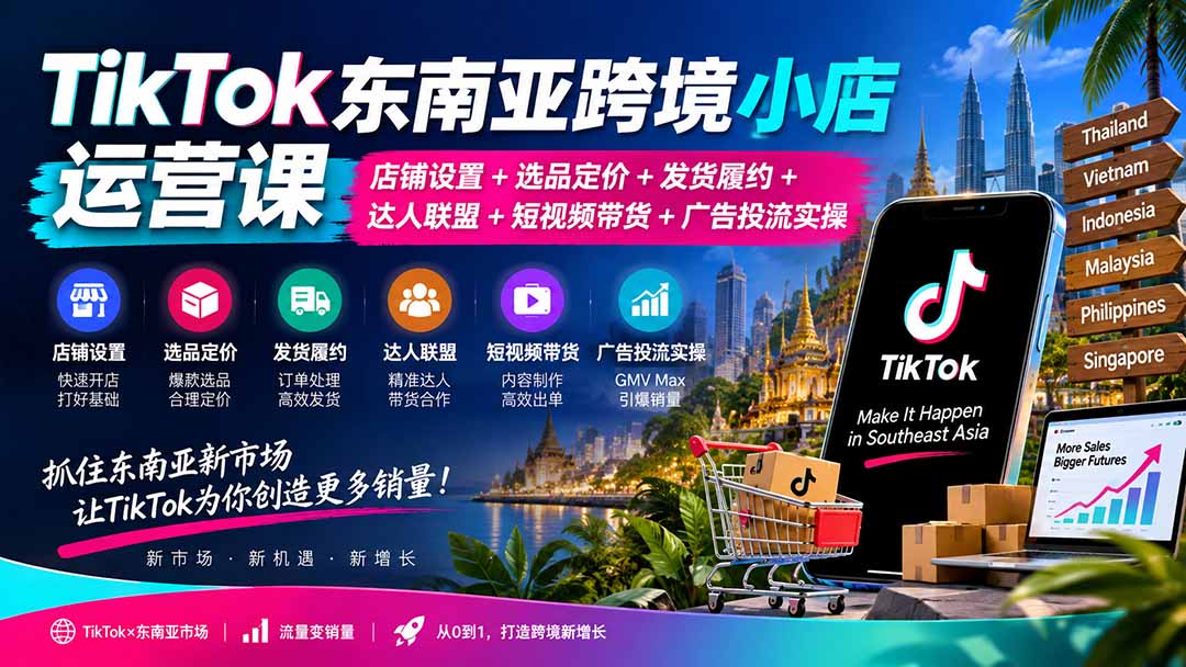 TikTok东南亚跨境小店运营课：店铺设置+选品定价+发货履约+达人联盟+短视频带货+广告投流实操-娜娜项目网
