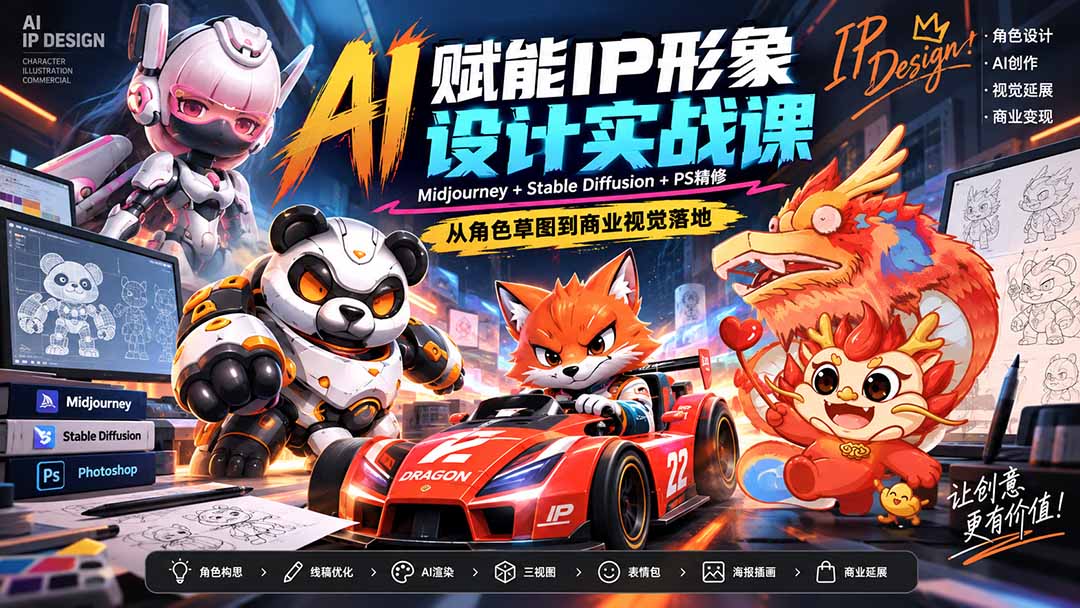AI赋能IP形象设计实战课-无水印:Midjourney+Stable Diffusion+PS精修,从角色草图到商业视觉落地-娜娜项目网