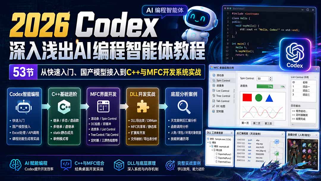 2026 Codex深入浅出AI编程智能体教程:53节从快速入门、国产模型接入到C++与MFC开发系统实战-娜娜项目网