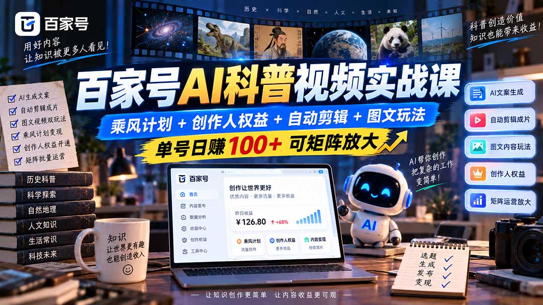 百家号AI科普视频实战课：乘风计划+创作人权益+自动剪辑+图文玩法，单号日赚100+可矩阵放大-娜娜项目网