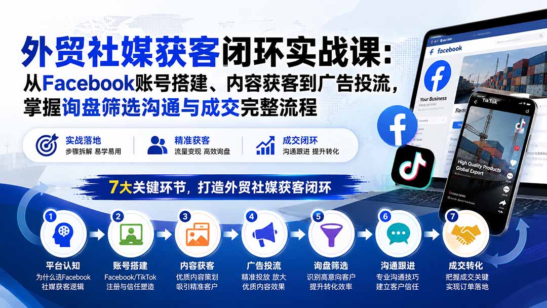 外贸社媒获客闭环实战课:从Facebook账号搭建、内容获客到广告投流,掌握询盘筛选沟通与成交完整流程-娜娜项目网