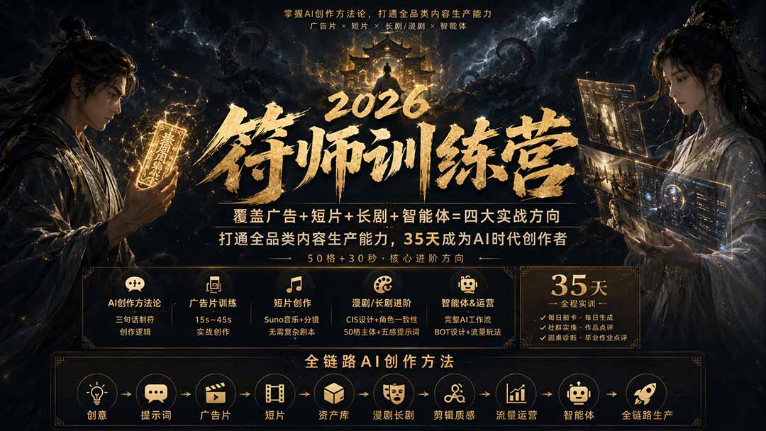 符师训练营-35天成为AI时代创作者,广告+短片+漫剧+智能体四大实战方向,掌握从创意到上线的完整工作流-娜娜项目网