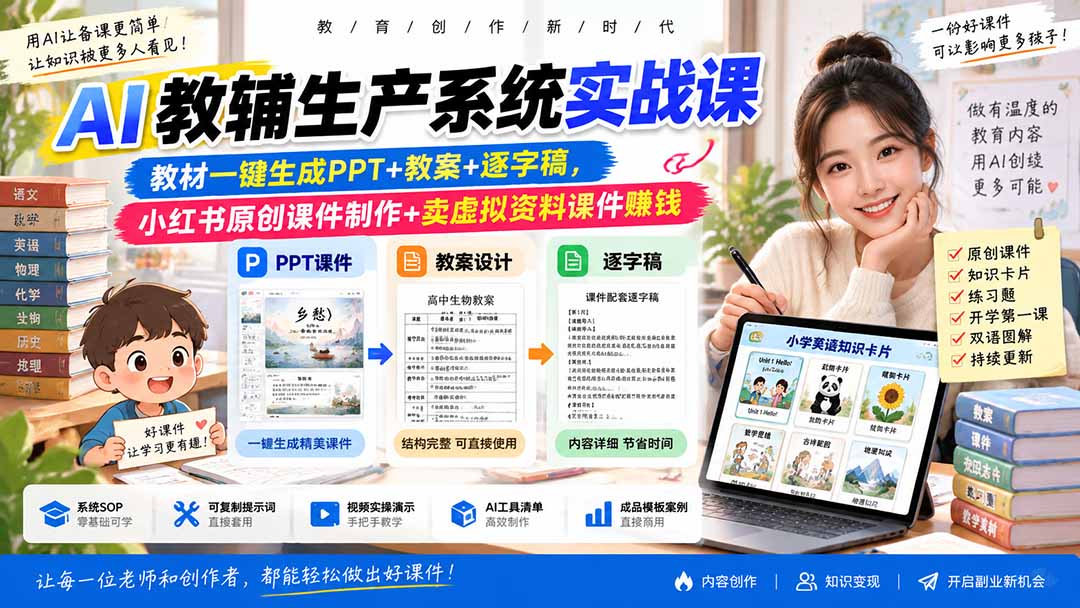 AI教辅生产系统实战课|教材一键生成PPT+教案+逐字稿,小红书原创课件制作+卖虚拟资料课件赚钱-娜娜项目网