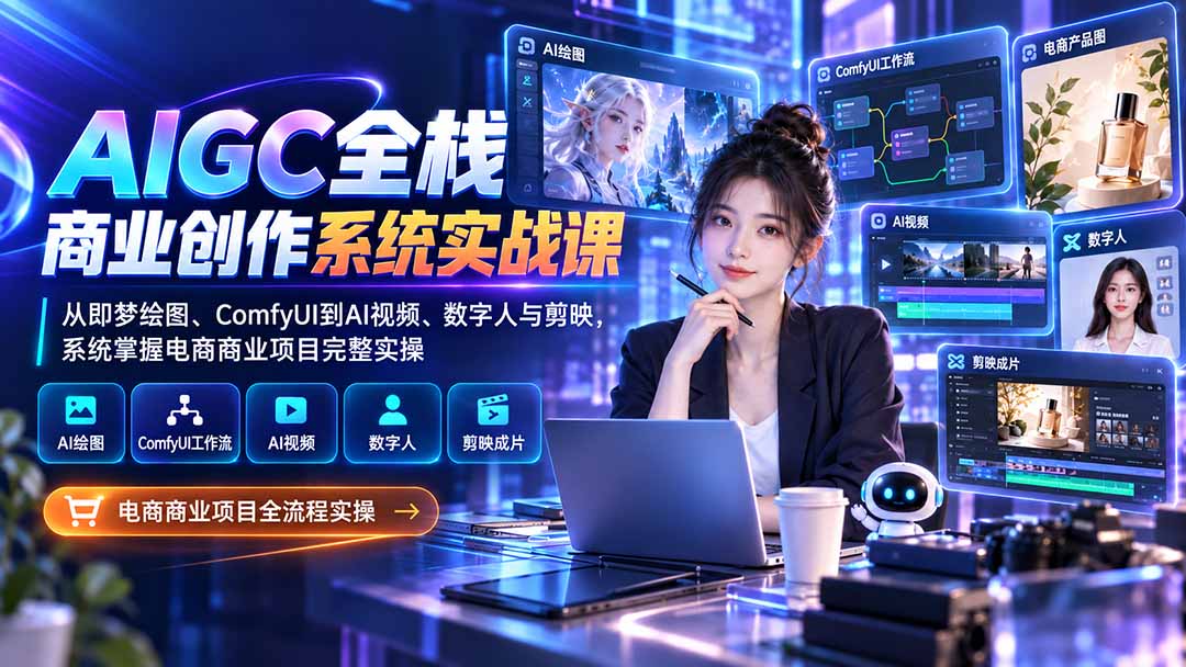 AIGC全栈商业创作系统实战课:从即梦绘图、ComfyUI到AI视频、数字人与剪映,系统掌握电商商业项目完整实操-娜娜项目网