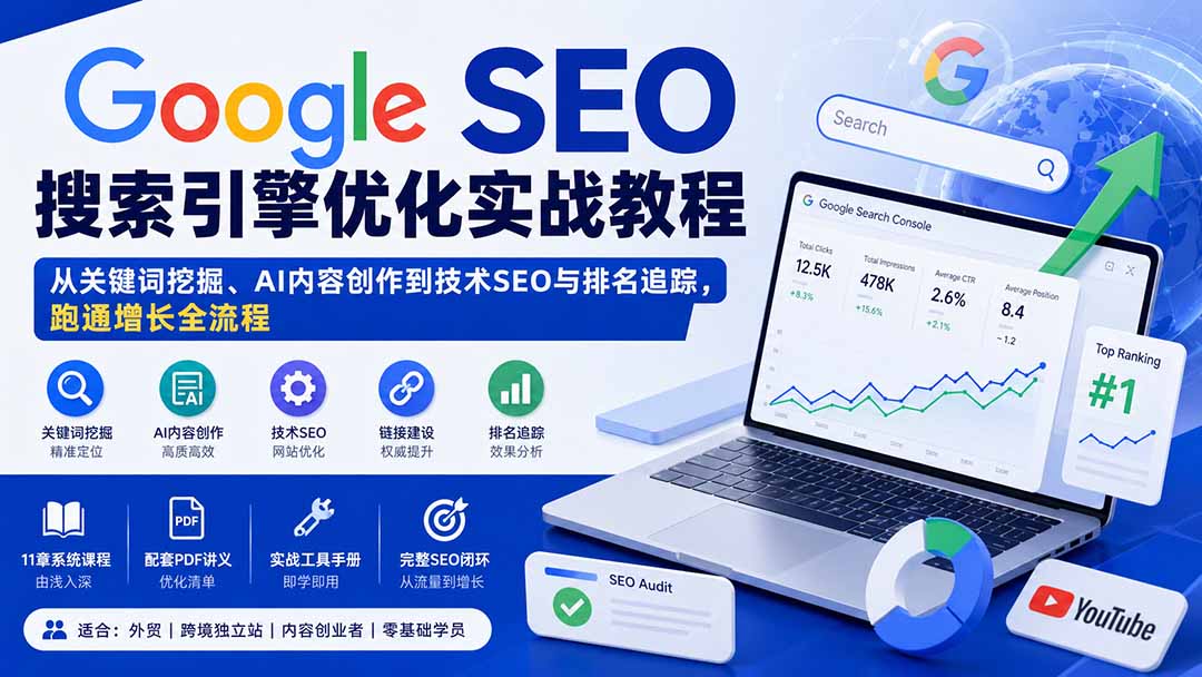 Google SEO搜索引擎优化实战教程:从关键词挖掘、AI内容创作到技术SEO与排名追踪,跑通增长全流程-娜娜项目网