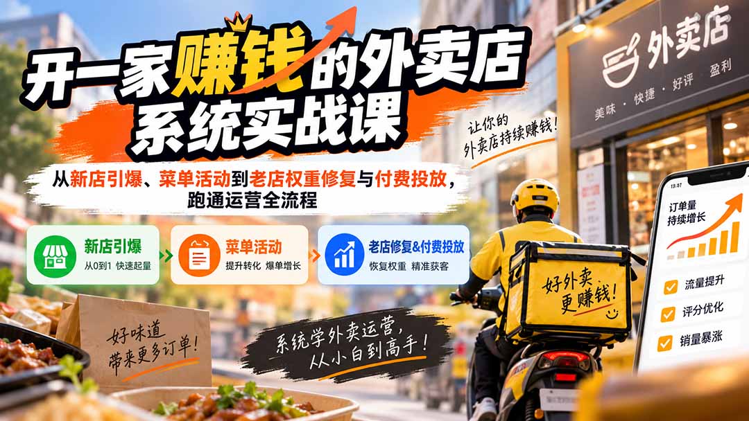 开一家赚钱的外卖店系统实战课:从新店引爆、菜单活动到老店权重修复与付费投放,跑通运营全流程-娜娜项目网