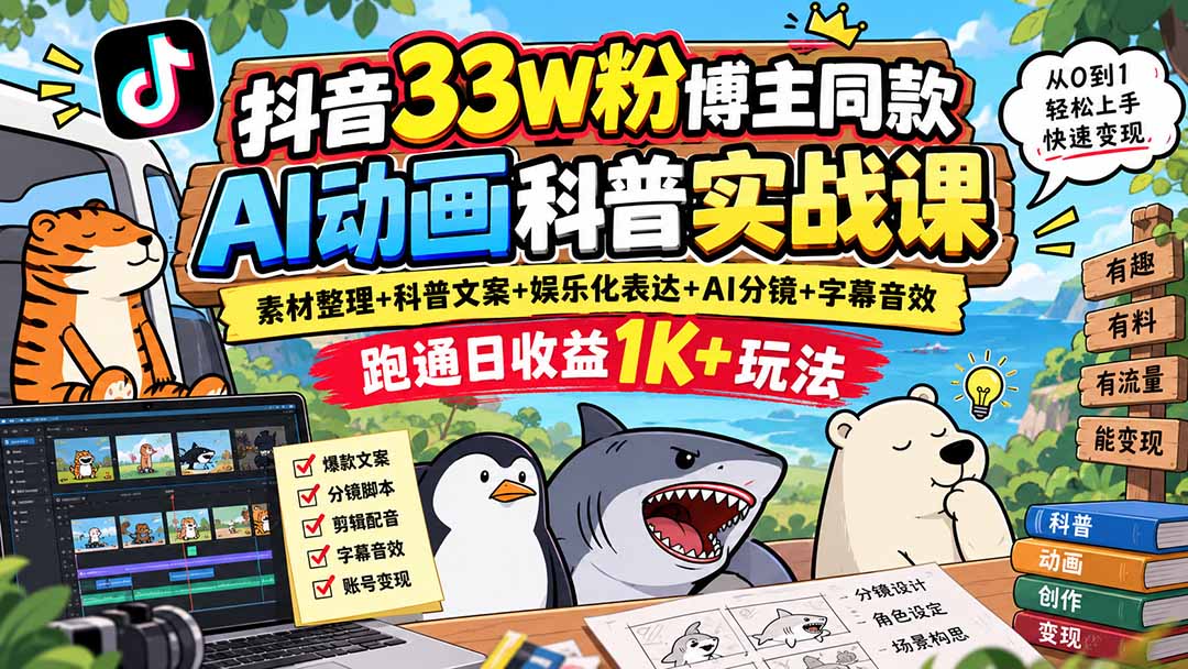 抖音33W粉博主同款AI动画科普实战课｜素材整理+科普文案+娱乐化表达+AI分镜+字幕音效，跑通日收益1K+玩法-娜娜项目网