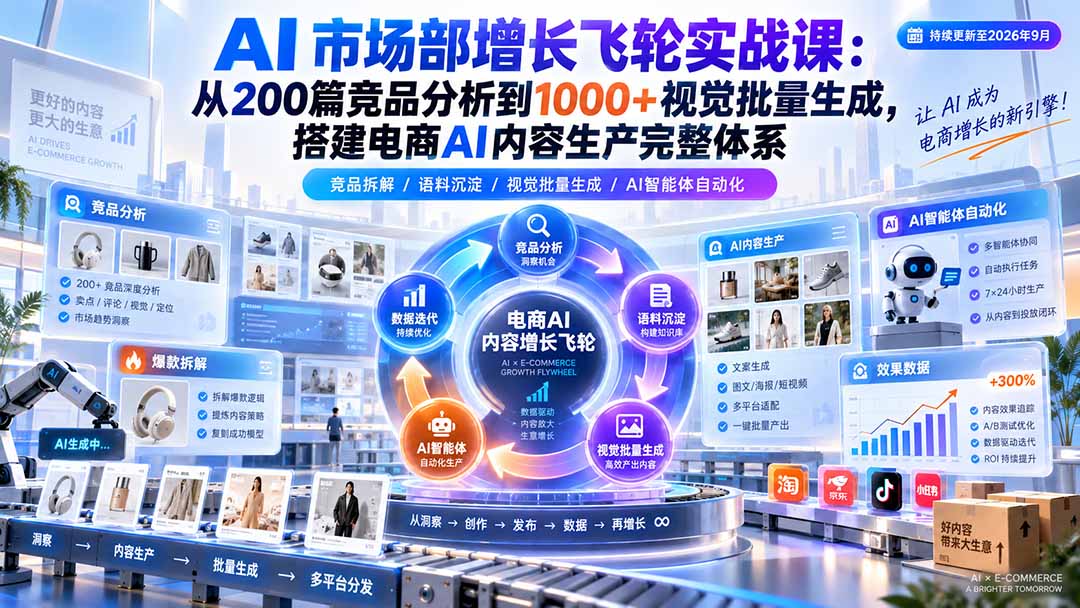 AI 市场部增长飞轮实战课：从200篇竞品分析到1000+视觉批量生成，搭建电商AI内容生产完整体系-娜娜项目网
