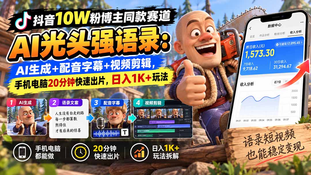 【无水印】抖音10W粉博主同款赛道AI光头强语录：AI生成+配音字幕+视频剪辑，手机电脑20分钟快速出片，日入1K+玩法-娜娜项目网