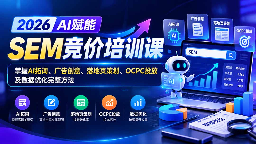 【无水印】2026AI赋能SEM竞价培训课:掌握AI拓词、广告创意、落地页策划、OCPC投放及数据优化完整方法-娜娜项目网