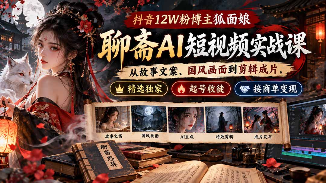 抖音12W粉博主狐面娘-聊斋AI短视频实战课:从故事文案、国风画面到剪辑成片,精选独家+起号收徒+接商单变现-娜娜项目网