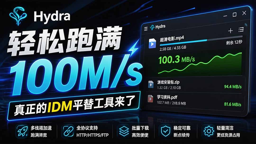 轻松跑满100M/s,真正的IDM平替工具来了,开源多线程器,支持浏览器拓展,一键智能加速 Hydra Download Manager-娜娜项目网