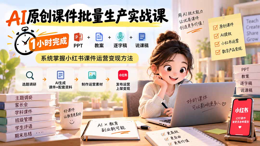 AI原创课件批量生产实战课:1小时完成PPT+教案+逐字稿+说课稿,系统掌握小红书课件运营变现方法-娜娜项目网