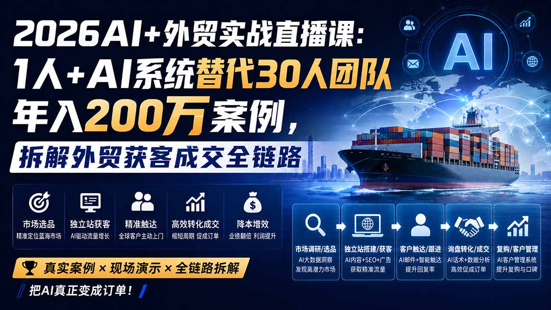 2026AI+外贸实战直播课：1人+AI系统替代30人团队年入200万案例，拆解外贸获客成交全链路-娜娜项目网