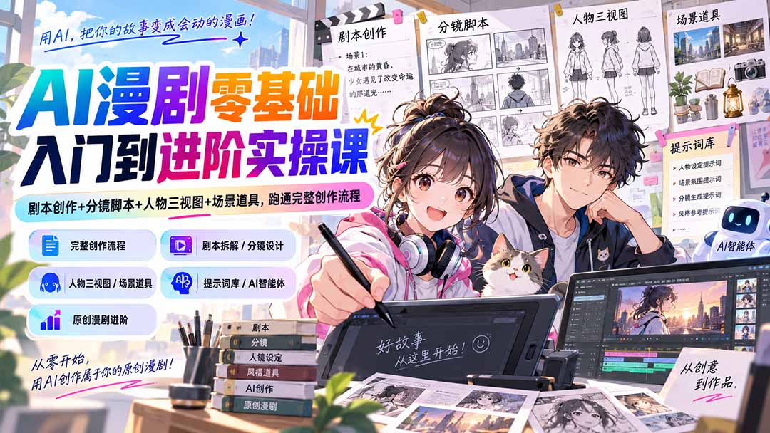AI漫剧零基础入门到进阶实操课:剧本创作+分镜脚本+人物三视图+场景道具,跑通完整创作流程-娜娜项目网