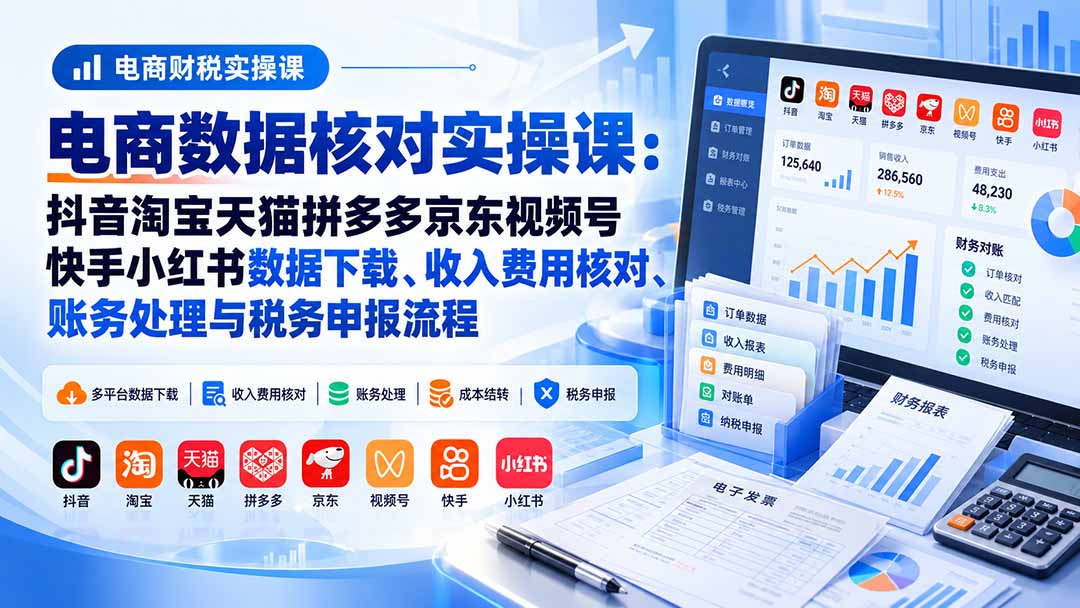 电商数据核账实操课:抖音淘宝天猫拼多多京东视频号快手小红书数据下载、收入费用核对、账务处理与税务申报流程-娜娜项目网
