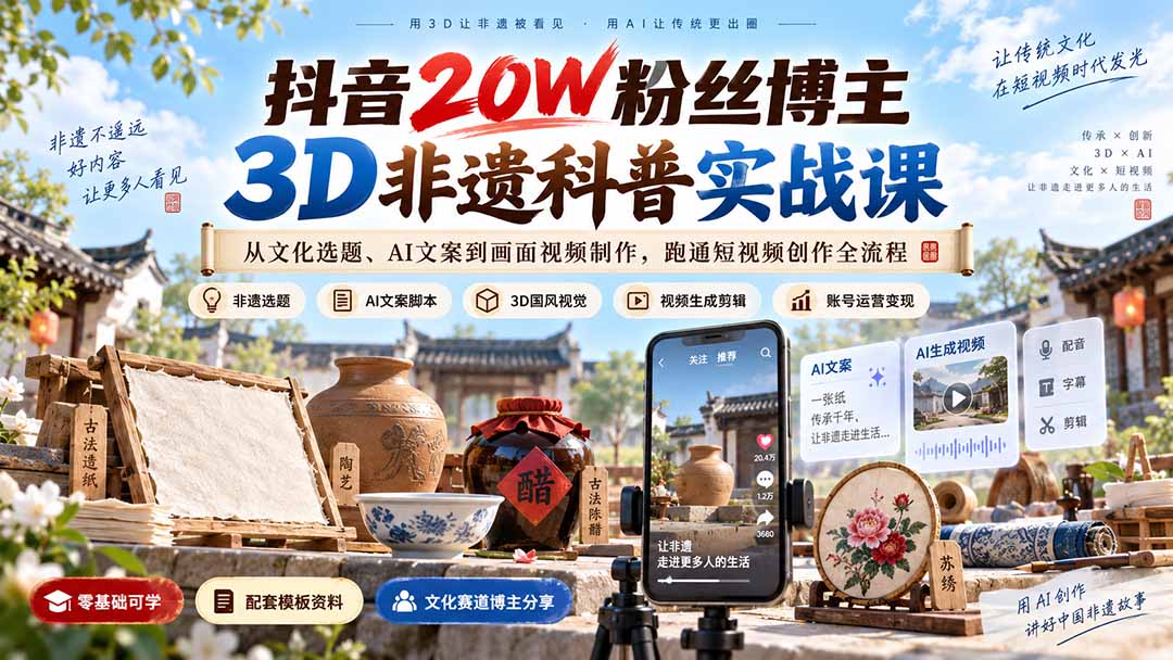 抖音20W粉丝博主3D非遗科普实战课:从文化选题、AI文案到画面视频制作,跑通短视频创作全流程-娜娜项目网