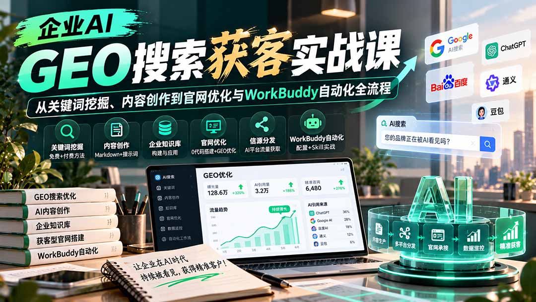 企业AI GEO搜索获客实战课：从关键词挖掘、内容创作到官网优化与WorkBuddy自动化全流程-娜娜项目网