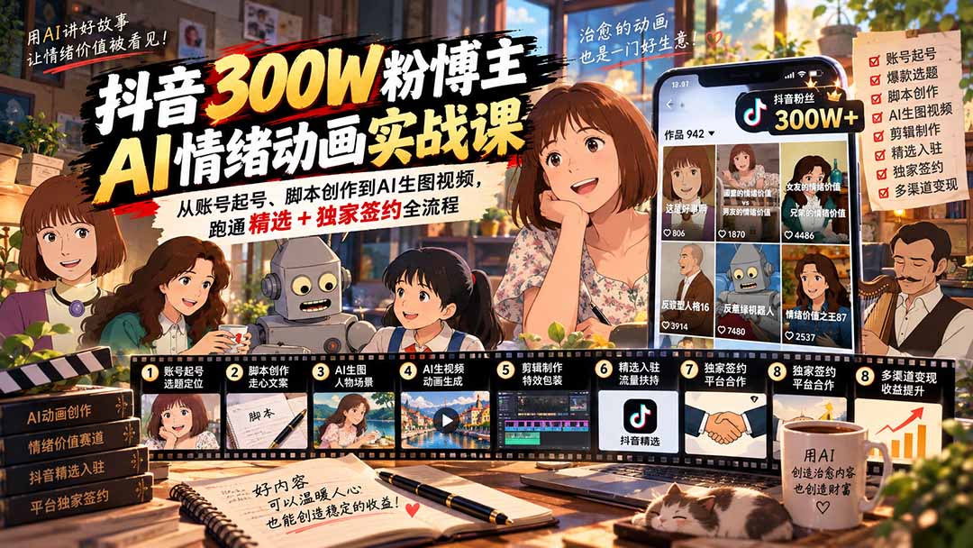 抖音300W粉博主AI情绪动画实战课:从账号起号、脚本创作到AI生图视频,跑通精选+独家签约全流程-娜娜项目网