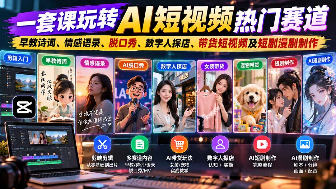 一套课玩转AI短视频热门赛道:早教诗词、情感语录、脱口秀、数字人探店、带货短视频及短剧漫剧制作 复制标题-娜娜项目网