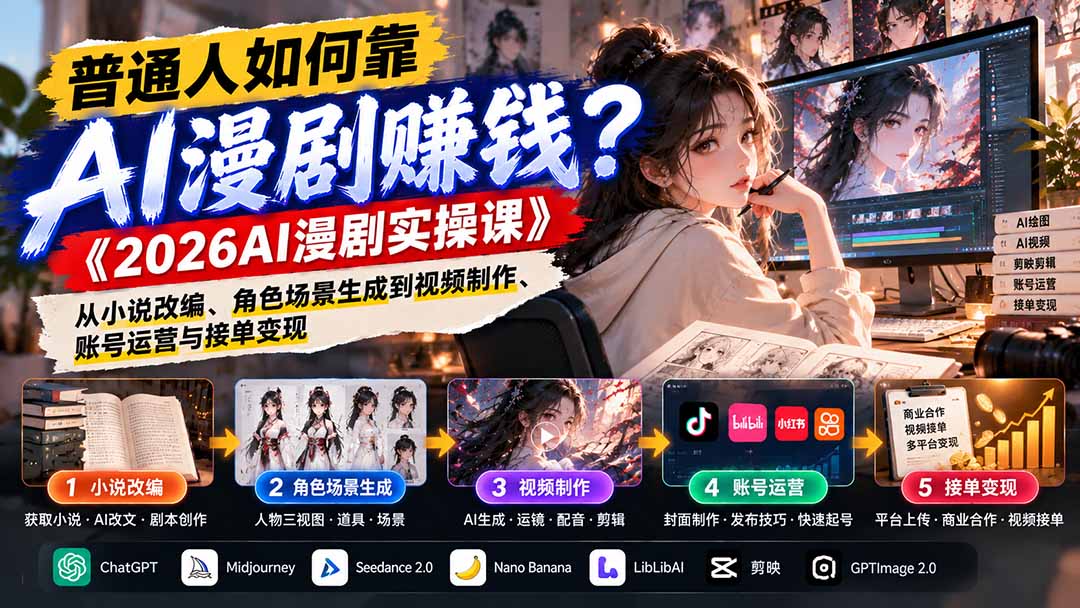 普通人如何靠AI漫剧赚钱？《2026AI漫剧实操课》从小说改编、角色场景生成到视频制作、账号运营与接单变现-娜娜项目网
