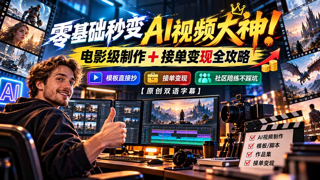 零基础秒变AI视频大神!电影级制作 + 接单变现全攻略,模板直接抄,社区陪练不踩坑【原创双语字幕】-娜娜项目网