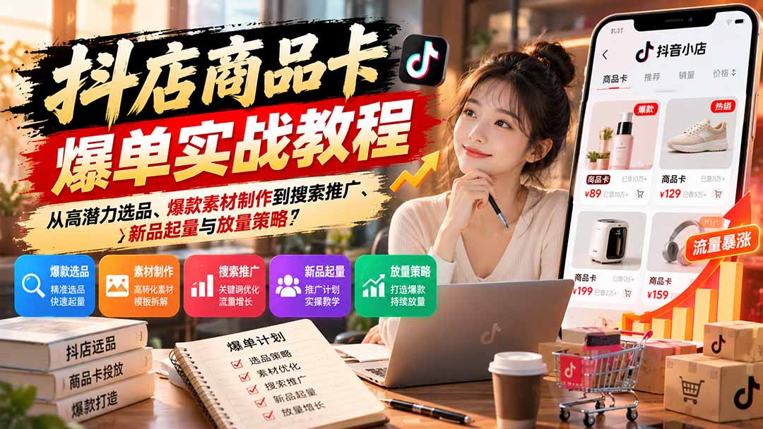 抖店商品卡爆单实战教程：从高潜力选品、爆款素材制作到搜索推广、新品起量与放量策略-娜娜项目网