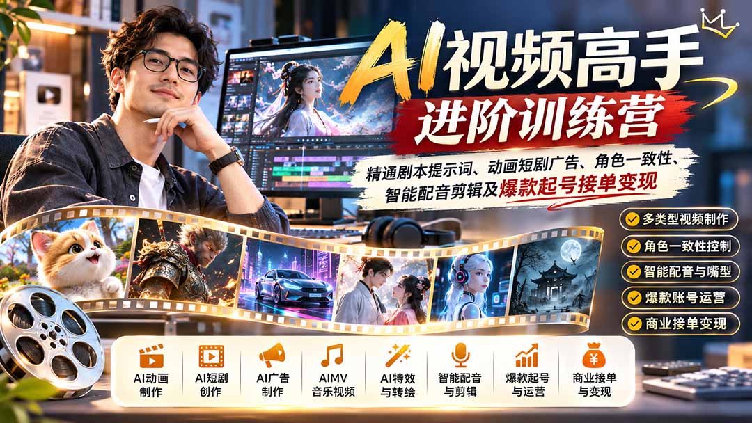 AI视频高手进阶训练营：精通剧本提示词、动画短剧广告、角色一致性、智能配音剪辑及爆款起号接单变现-娜娜项目网