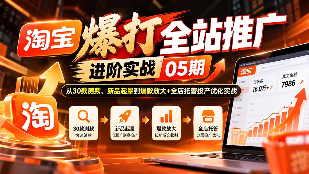 淘宝爆打全站推广进阶实战05期:从30款测款、新品起量到爆款放大+全店托管投产优化实战-娜娜项目网