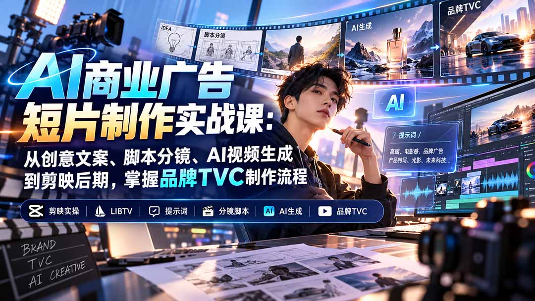 AI商业广告短片制作实战课:从创意文案、脚本分镜、AI视频生成到剪映后期,掌握品牌TVC制作流程-娜娜项目网