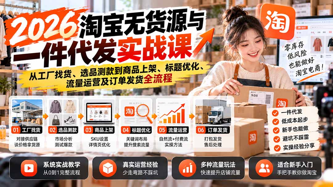 2026淘宝无货源与一件代发实战课:从工厂找货、选品测款到商品上架、标题优化、流量运营及订单发货全流程-娜娜项目网