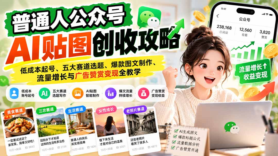 普通人公众号AI贴图创收攻略:低成本起号、五大赛道选题、爆款图文制作、流量增长与广告赞赏变现全教学-娜娜项目网