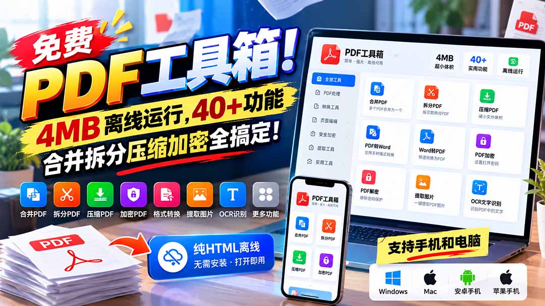 免费PDF工具箱!4MB离线运行,40+功能,合并拆分压缩加密全搞定!-娜娜项目网