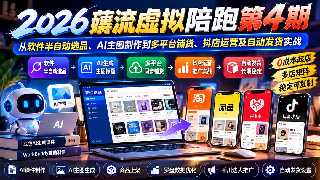2026薅流虚拟陪跑第4期:从软件半自动选品、AI主图制作到多平台铺货、抖店运营及自动发货实战-娜娜项目网