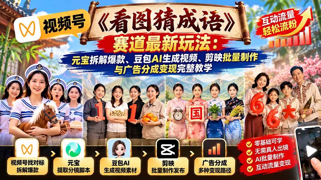 视频号《看图猜成语》赛道最新玩法：元宝拆解爆款、豆包AI生成视频、剪映批量制作与广告分成变现完整教学-娜娜项目网