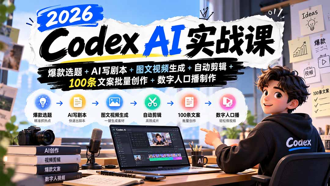 2026Codex AI实战课:爆款选题+AI写剧本+图文视频生成+自动剪辑+100条文案批量创作+数字人口播制作-娜娜项目网