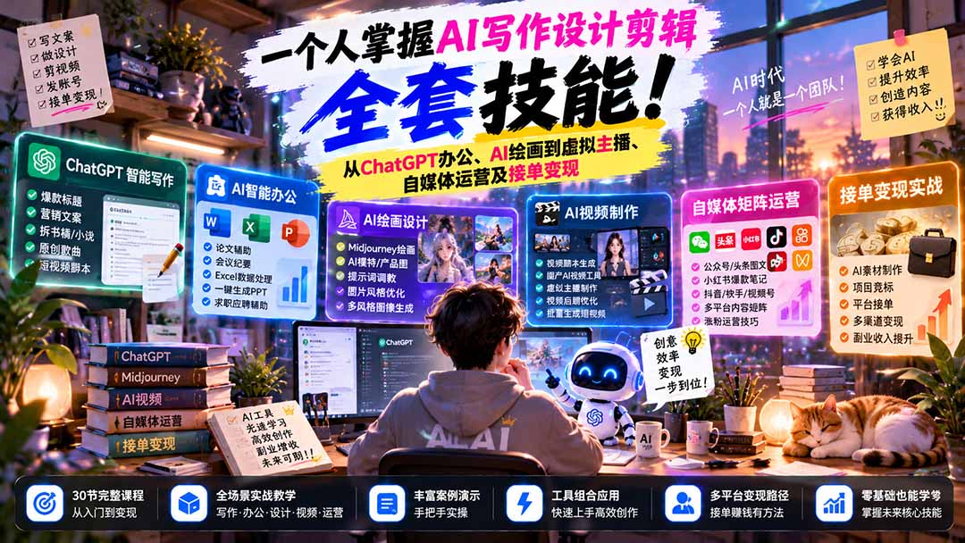 一个人掌握AI写作设计剪辑全套技能：从ChatGPT办公、AI绘画到虚拟主播、自媒体运营及接单变现-娜娜项目网