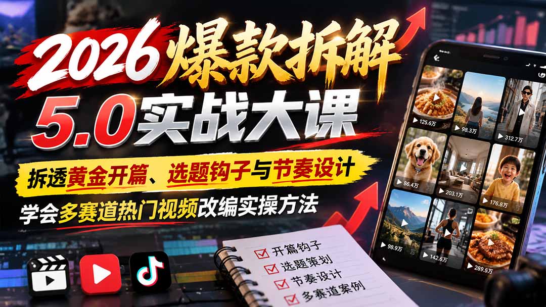 2026爆款拆解5.0实战大课:拆透黄金开篇、选题钩子与节奏设计,学会多赛道热门视频改编实操方法-娜娜项目网