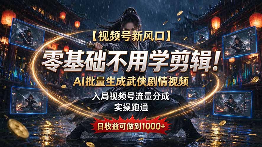 【视频号新风口】零基础不用学剪辑!AI 批量生成武侠剧情视频,入局视频号流量分成,实操跑通,日收益可做到 1000+-娜娜项目网