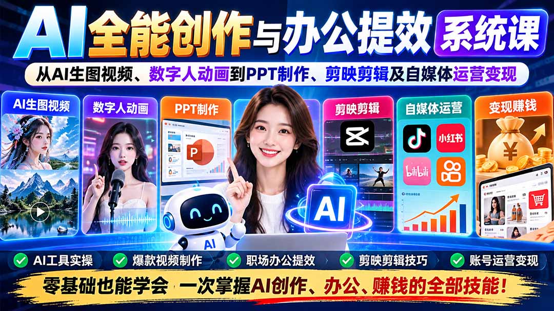 AI全能创作与办公提效系统课:从AI生图视频、数字人动画到PPT制作、剪映剪辑及自媒体运营变现-娜娜项目网