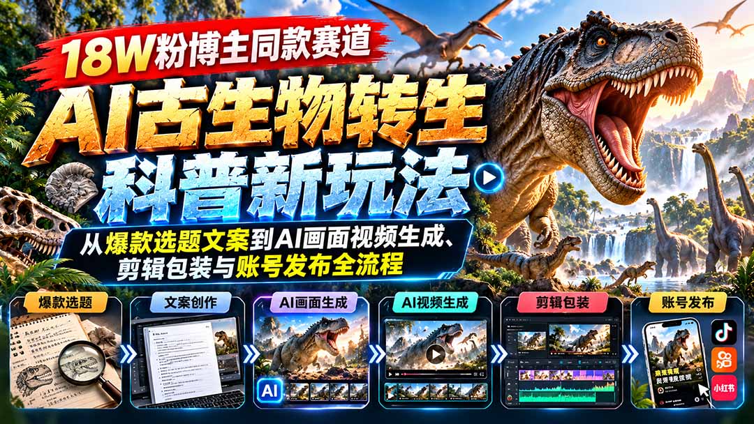 18W粉博主同款赛道-AI古生物转生科普新玩法：从爆款选题文案到AI画面视频生成、剪辑包装与账号发布全流程-娜娜项目网